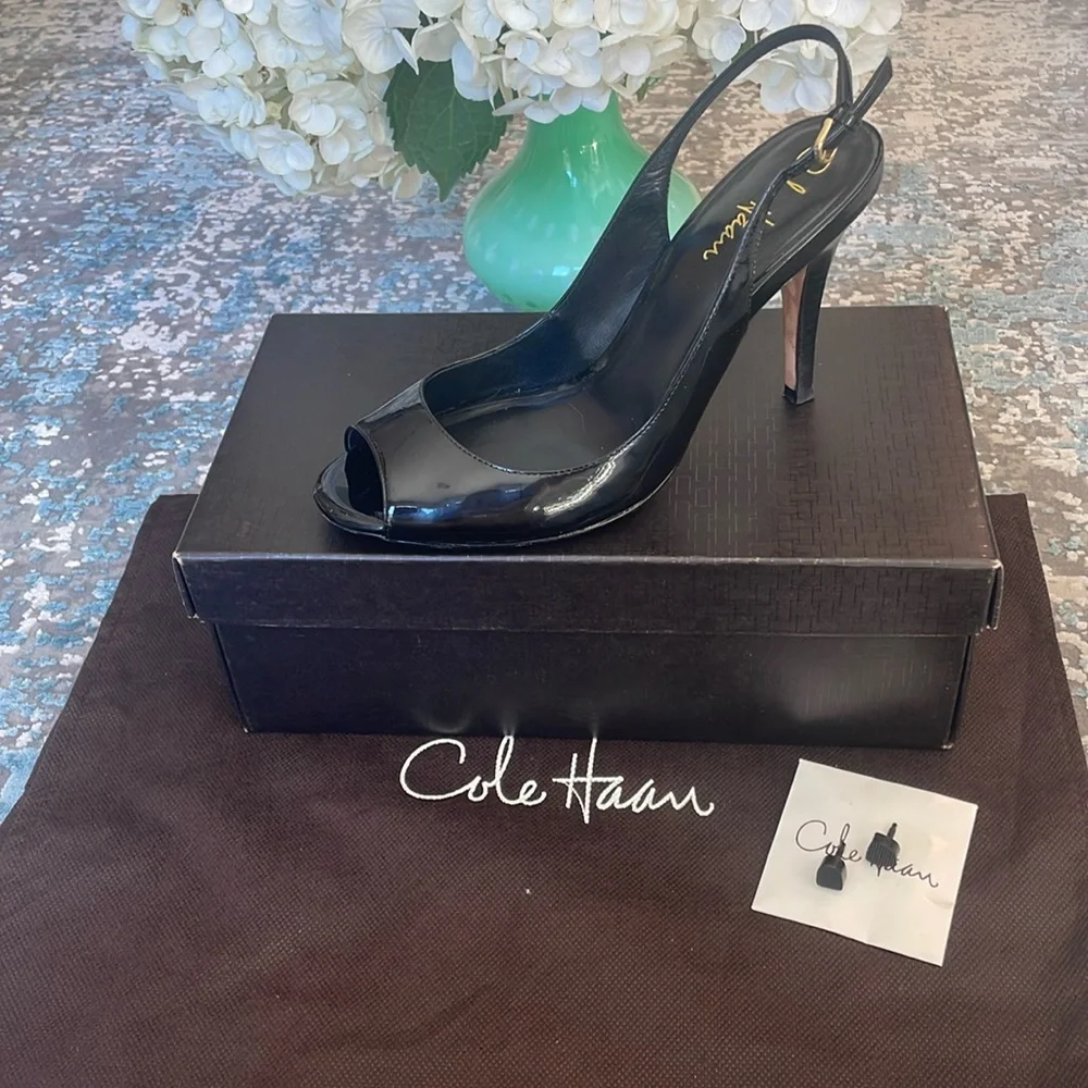 Cole Haan Air Talia Black Patent Leather Open Toe Slingback Heel Size 7C… - Picture 11 of 13